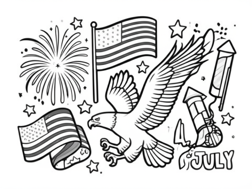 Black-and-white 4th of July coloring page with American flag, fireworks, stars, eagle, and patriotic banners