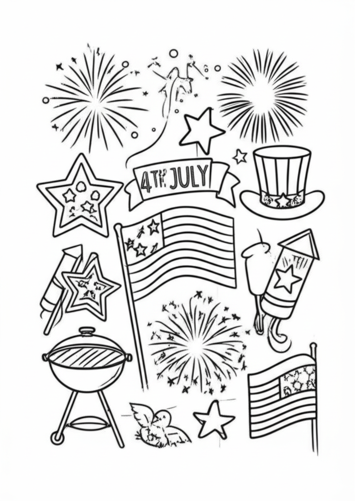 Black-and-white line art of 4th of July with fireworks, American flag, and patriotic symbols for coloring