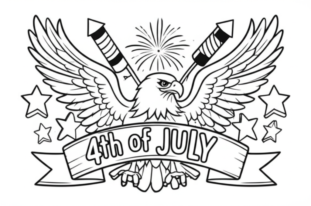 Black and white outline coloring page featuring 4th of July theme with fireworks, American flags, eagles, stars, and decorative banners