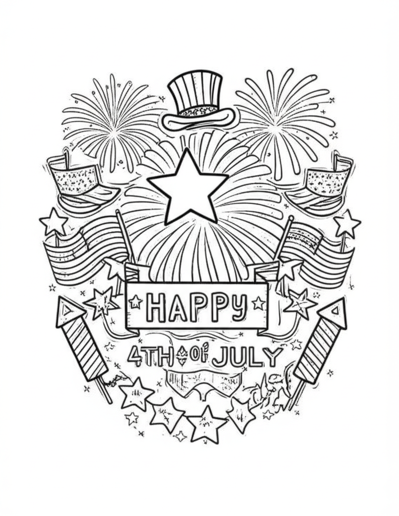 Black-and-white 4th of July coloring page featuring fireworks, American flags, stars, and festive banners