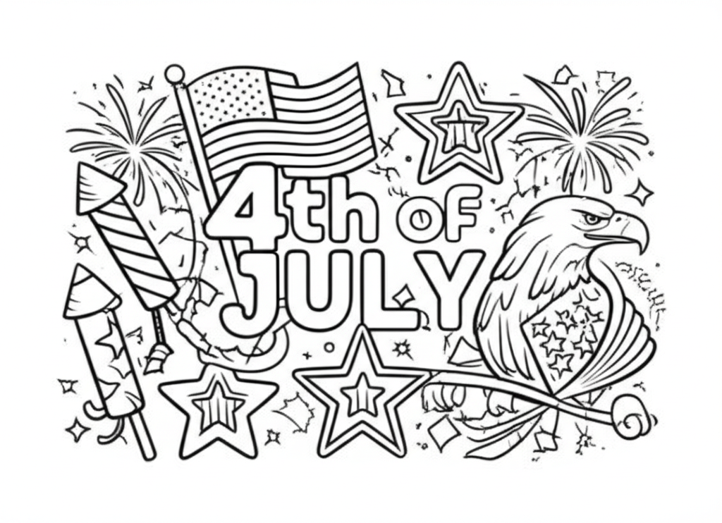 Black-and-white line art coloring page for 4th of July with fireworks, American flags, stars, eagles, and patriotic banners