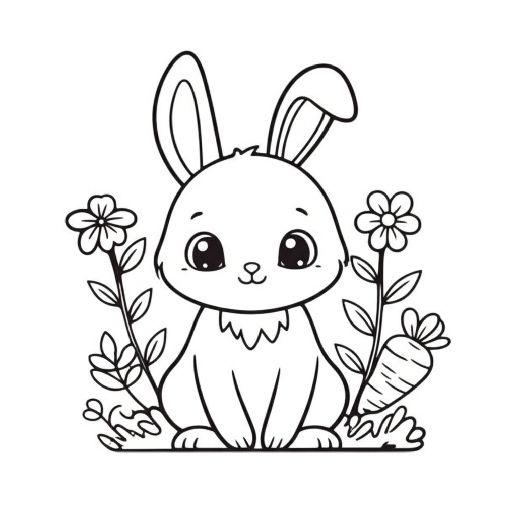 Line art of a cute bunny surrounded by carrots and flowers for coloring