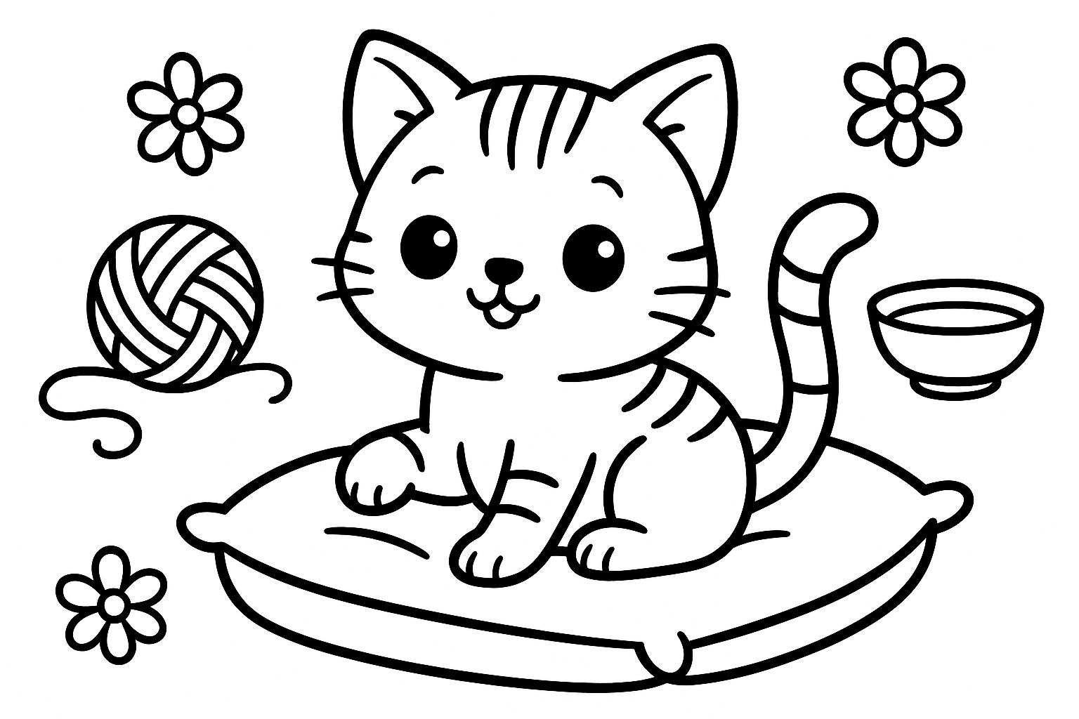 A cute kitten sitting playfully with a ball of yarn, bowl of milk, and cozy cushion for kids to color