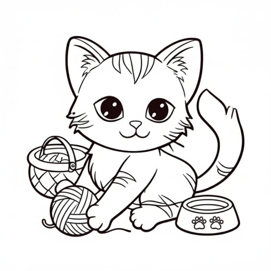 A cute and playful kitten sitting and playing with a ball of yarn, surrounded by paw prints, a cozy basket, and a bowl of milk - perfect for coloring