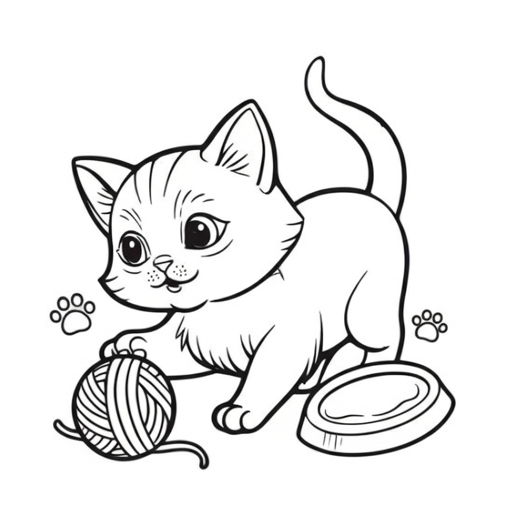 Black-and-white line art of a playful kitten pouncing on a ball of yarn, with paw prints and a milk bowl for coloring