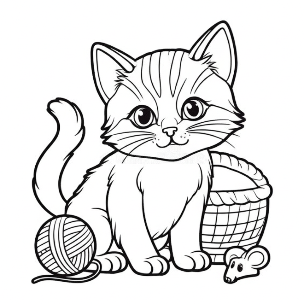 Outline drawing of a cute kitten playing with a yarn ball and mouse toy, perfect for coloring