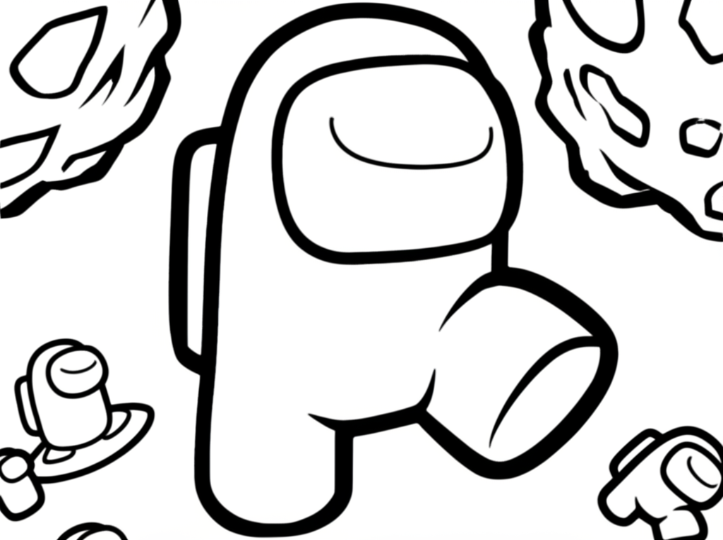 Black and white Among Us coloring page featuring a crewmate and imposter in a playful pose with a spaceship, asteroids, and mini crewmates