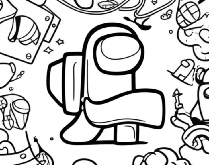 Printable Among Us coloring page featuring crewmates and imposters in space with stars and spaceship background