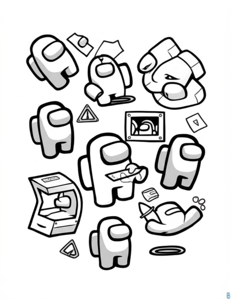 Coloring page featuring Among Us characters in various poses with spaceship and task stations