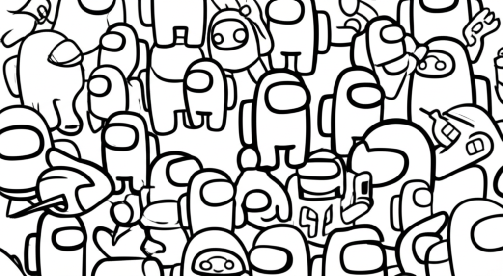 Black-and-white Among Us coloring page featuring crewmates, impostors, and spaceship elements