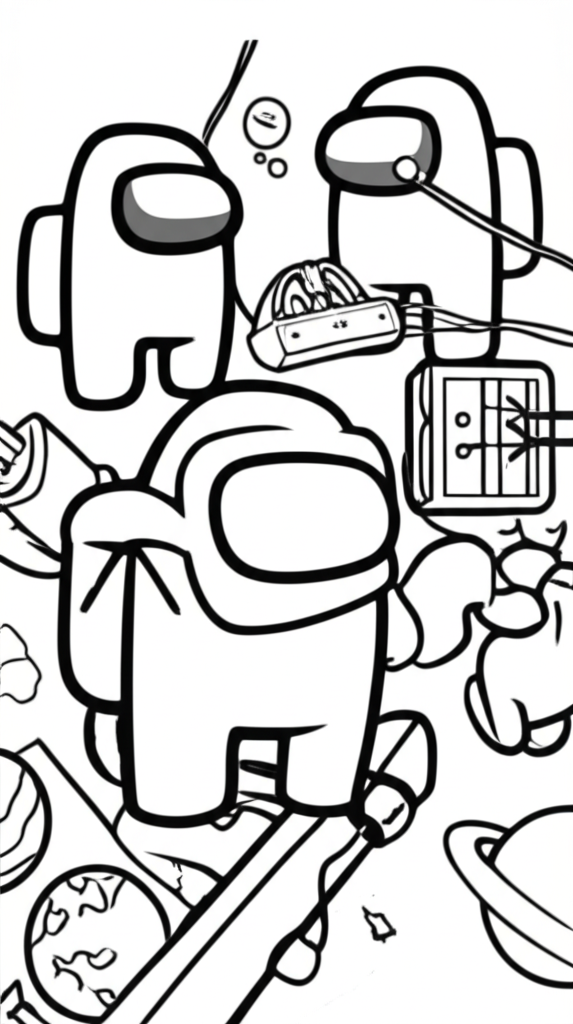 Printable Among Us coloring sheet featuring crewmates and impostors in a fun space scene with planets, spaceships, and tasks