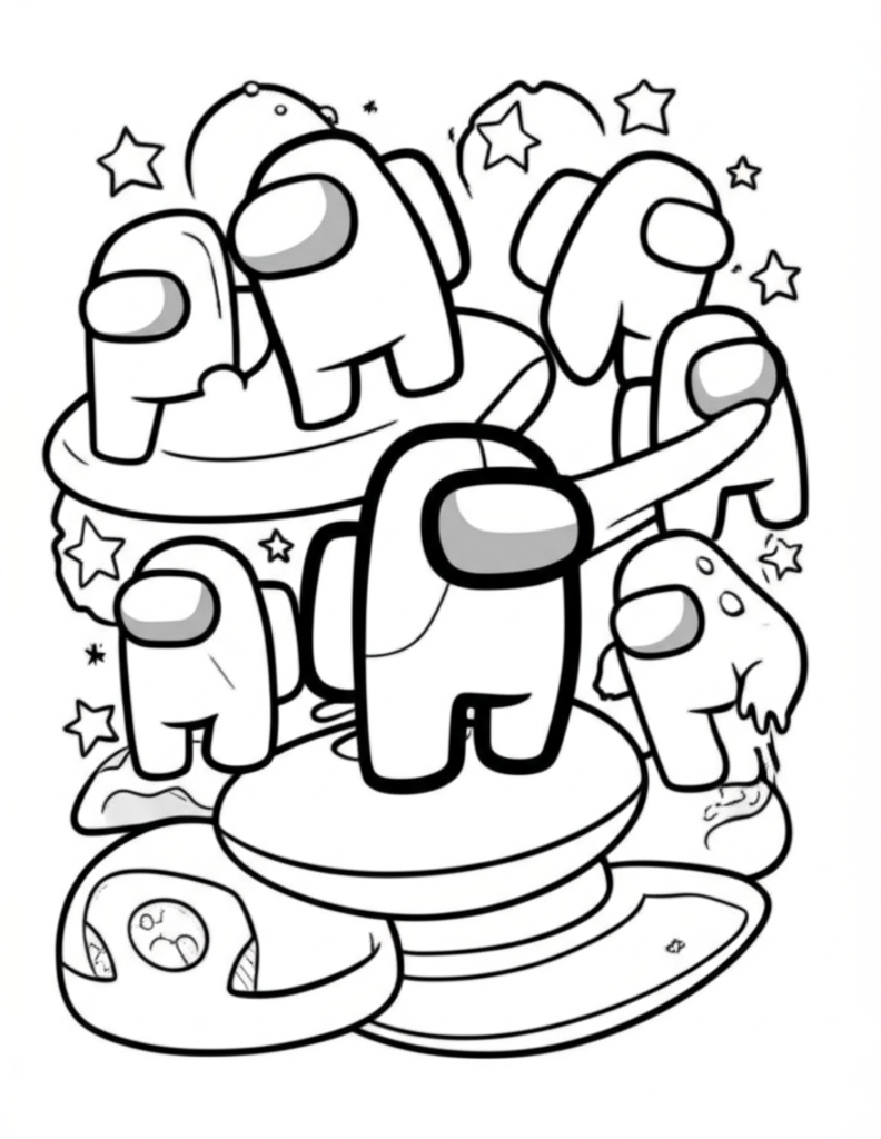 Black-and-white line art coloring page featuring Among Us crewmates and impostors in a fun space-themed scene