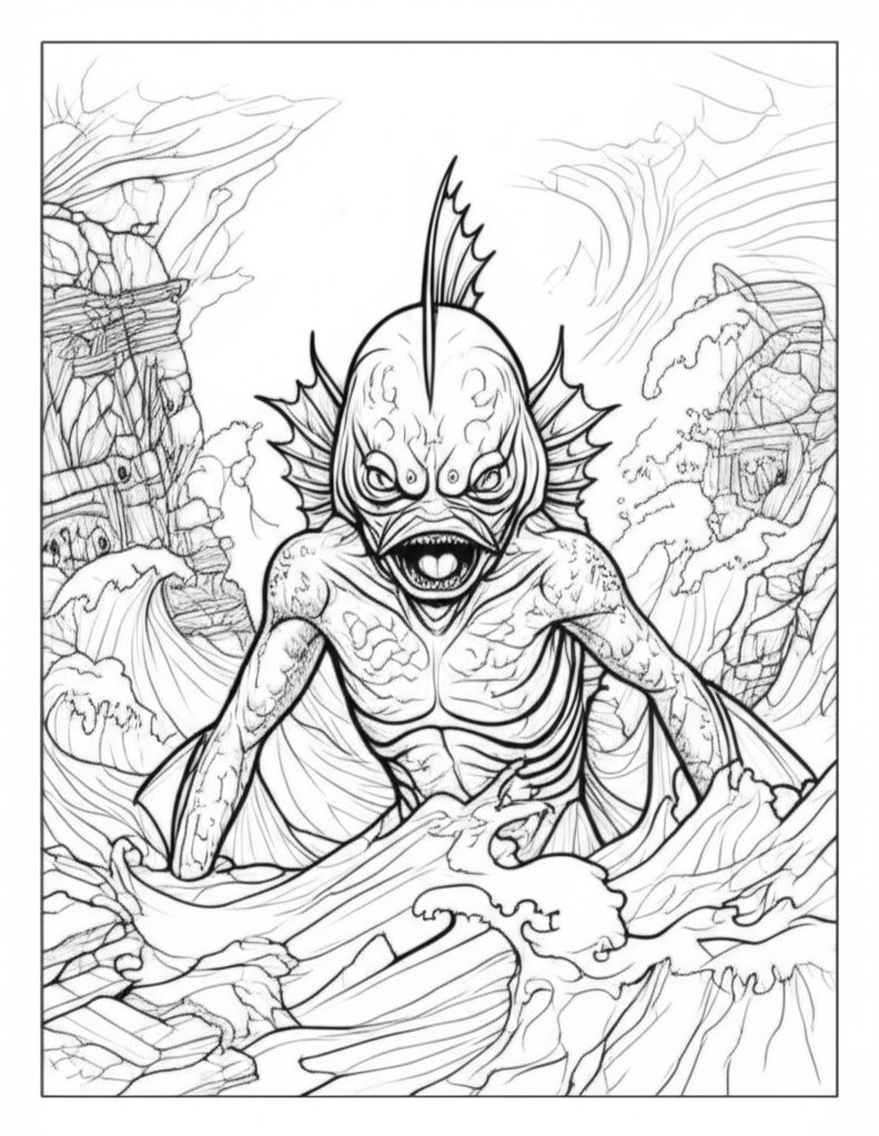 Detailed line art of Dagon, a monstrous fish-like deity, emerging from turbulent waves amidst sunken temple ruins