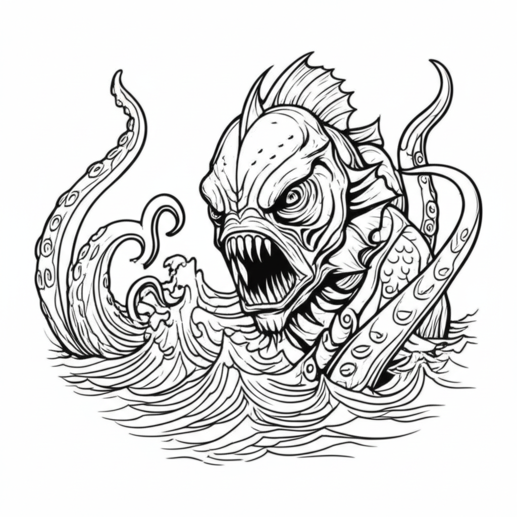 Black and white line art of the ancient deity Dagon rising from the ocean with swirling waves and tentacles, a detailed horror-themed coloring page for adults