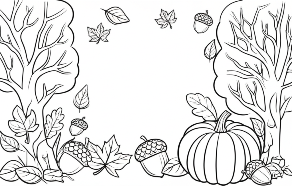 Black line art of autumn scene with pumpkins, acorns, bare trees, and falling leaves for coloring