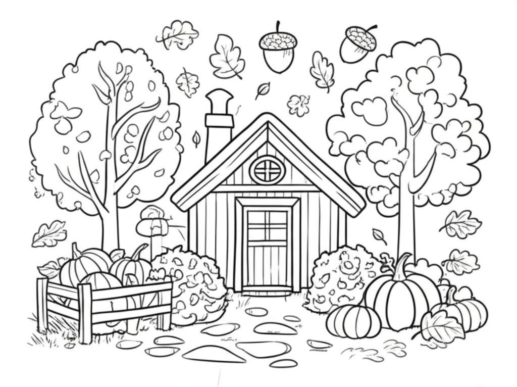 Black-and-white autumn-themed coloring page featuring pumpkins, acorns, falling leaves, and a rustic scene