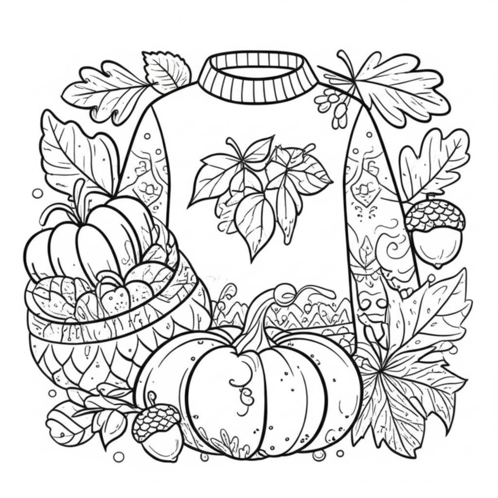 Black and white autumn-themed coloring page featuring pumpkins, acorns, fall leaves, and a cozy sweater