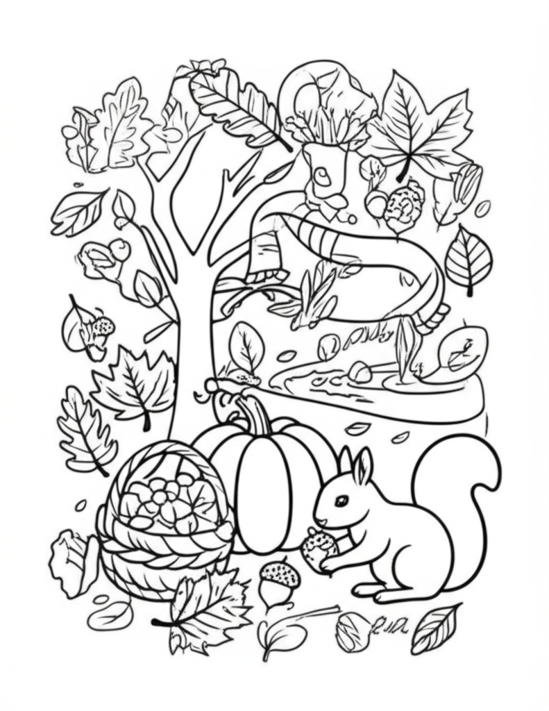 Black-and-white autumn coloring page featuring a squirrel, pumpkins, scarf, bare tree, and falling leaves