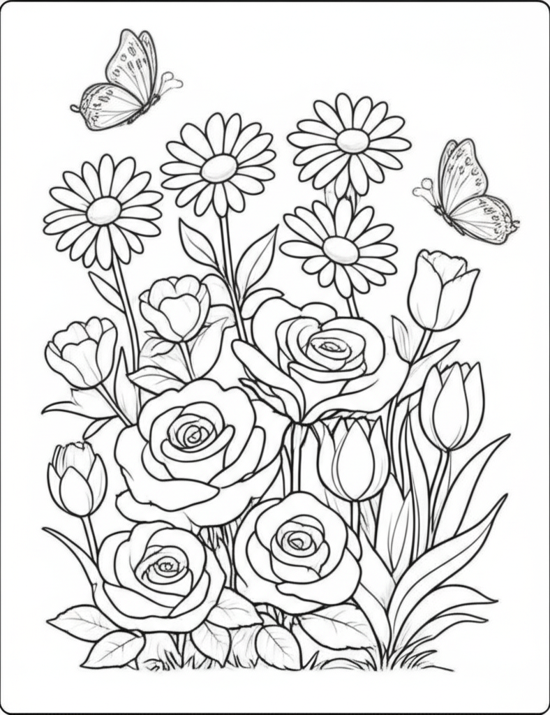 Black and white coloring page of a cheerful garden with roses, daisies, tulips, and fluttering butterflies for children