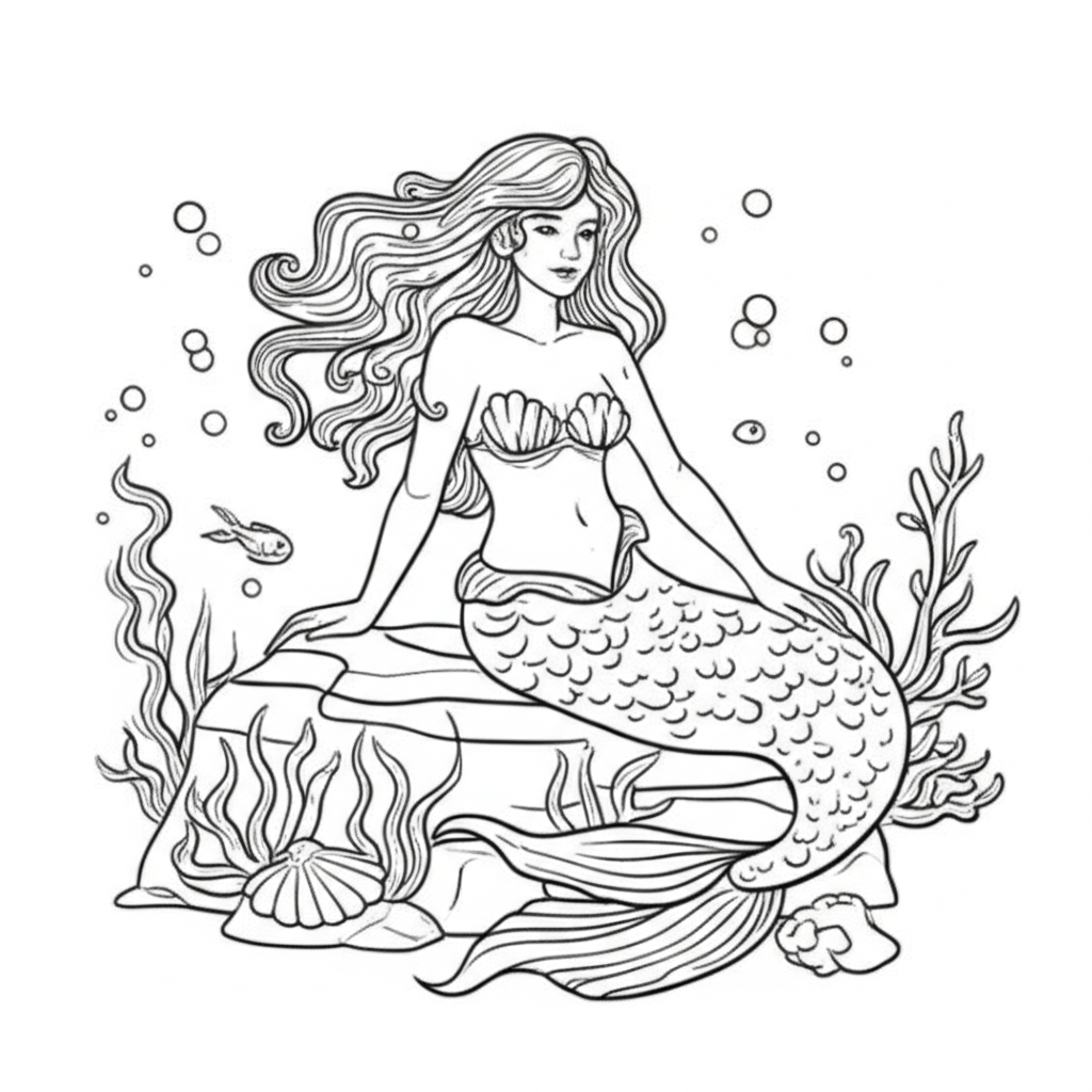 Black-and-white line art coloring page of a beautiful mermaid sitting on a rock surrounded by seashells, coral, fish, and bubbles
