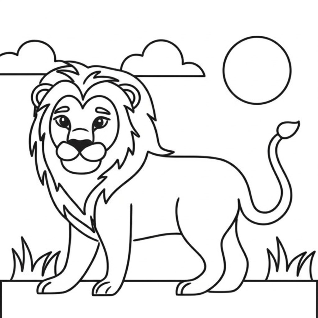 A dynamic lion outline for coloring, surrounded by grass and sun