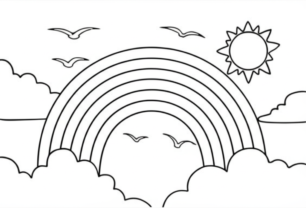 A simple black-and-white outline of a bold rainbow with fluffy clouds, a shining sun, flying birds, and grass below for coloring
