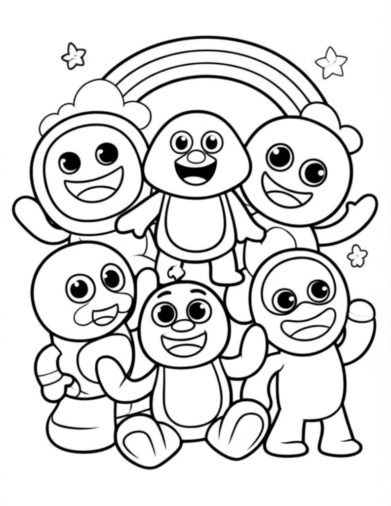 A fun coloring page featuring Rainbow Friends, a group of cheerful cartoon characters representing each color of the rainbow with stars and clouds in the background
