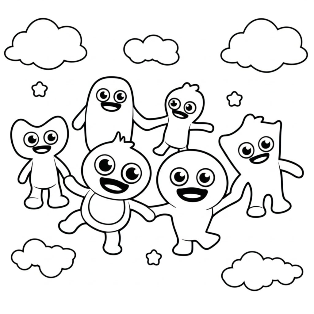Black and white coloring page of cheerful Rainbow Friends characters holding hands in a circle, surrounded by simple clouds and stars