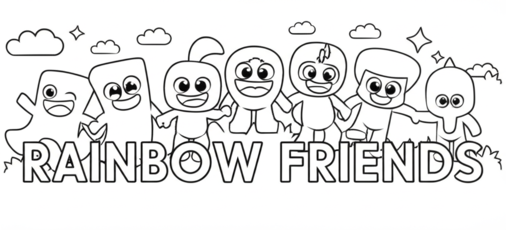 A group of cheerful, stylized Rainbow Friends characters holding hands for kids to color