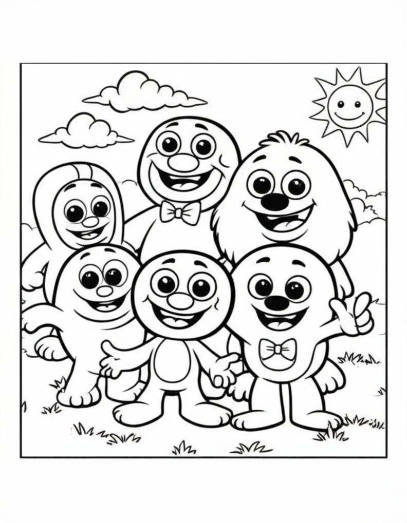 Black and white coloring page of cheerful Rainbow Friends characters standing together in a sunny meadow with a smiling sun and clouds