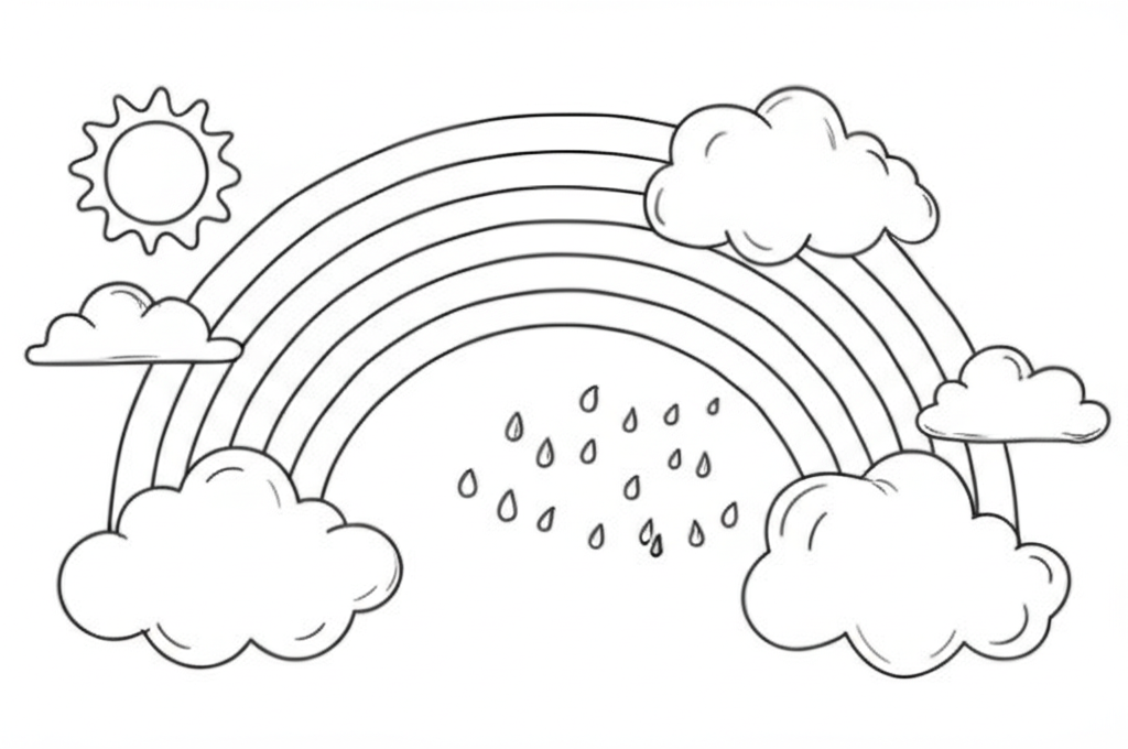 A cheerful rainbow with clouds, sun, raindrops, and grassy landscape for coloring