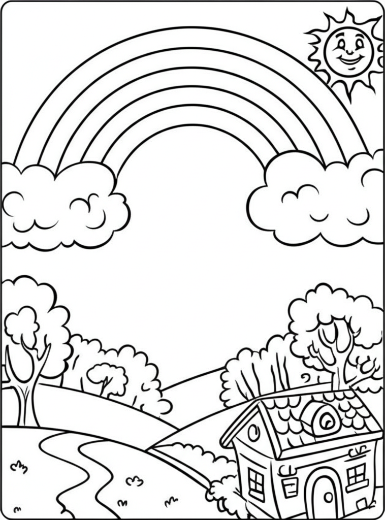 Black and white coloring page of a cheerful rainbow arching over fluffy clouds, rolling hills, trees, and a small house with a smiling sun