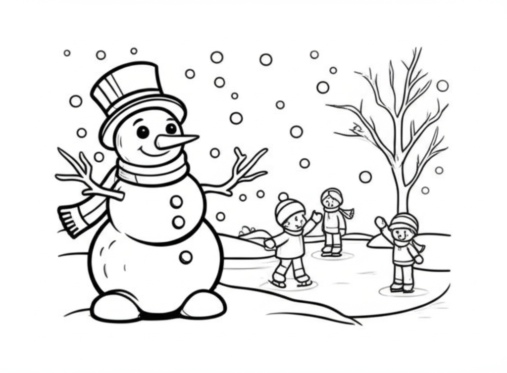 Black and white coloring page of a cheerful snowman and children ice skating in a cozy winter scene