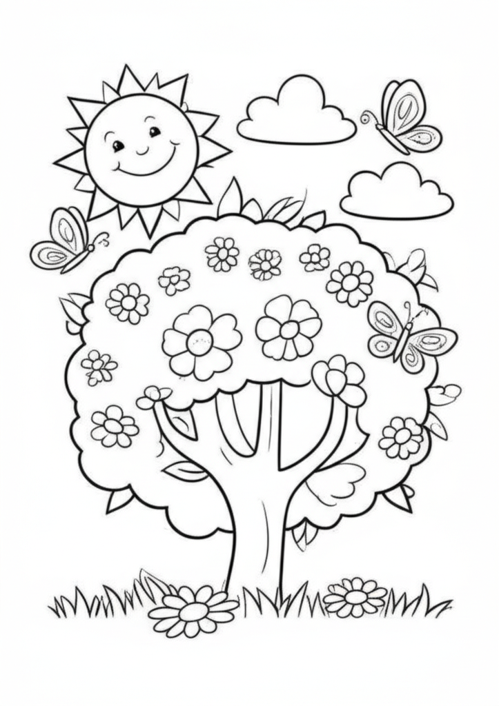 Black and white cartoon coloring page of a cheerful spring scene featuring a smiling sun, blooming tree, daisies, and butterflies
