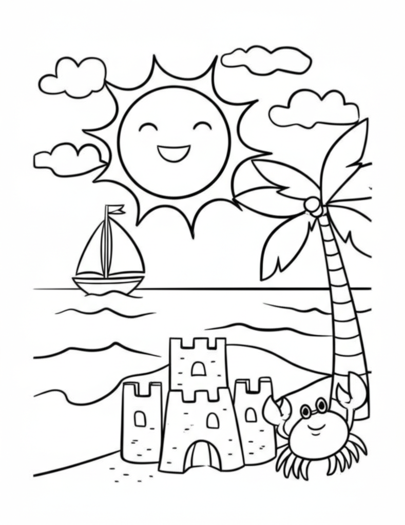 Black and white coloring page of a cheerful sun, fluffy clouds, palm tree, sandcastle, smiling crab, and sailboat on waves