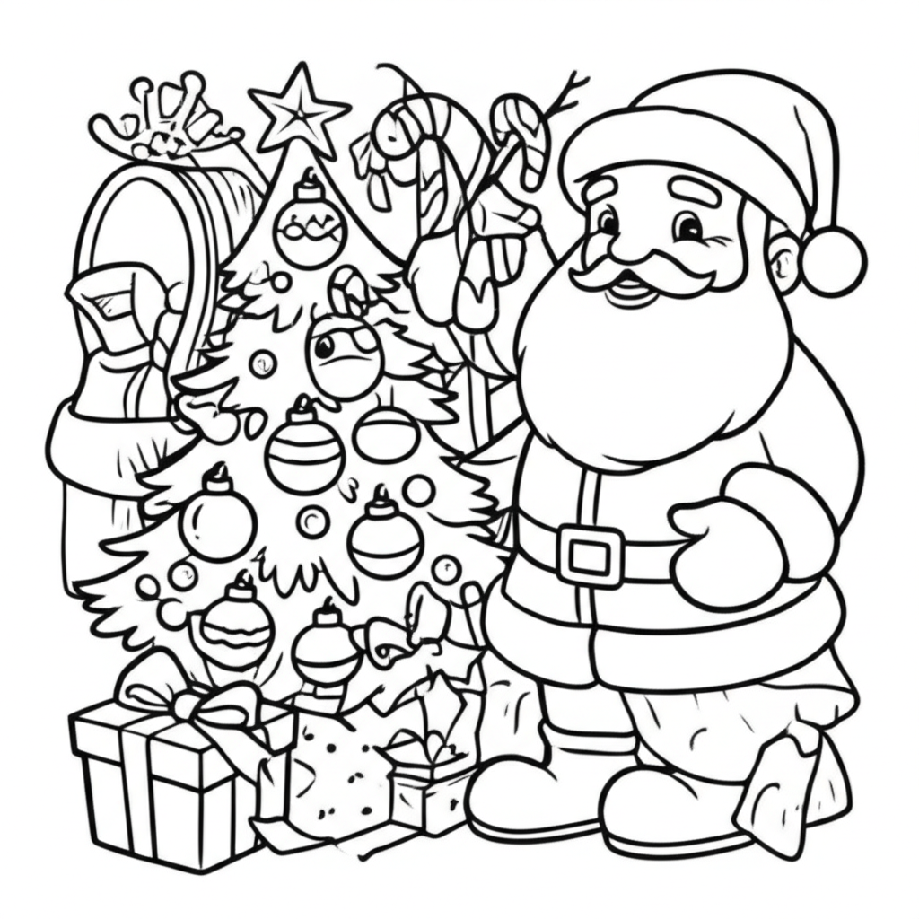 Black-and-white Christmas coloring page featuring a decorated tree, presents, ornaments, stockings, and Santa Claus