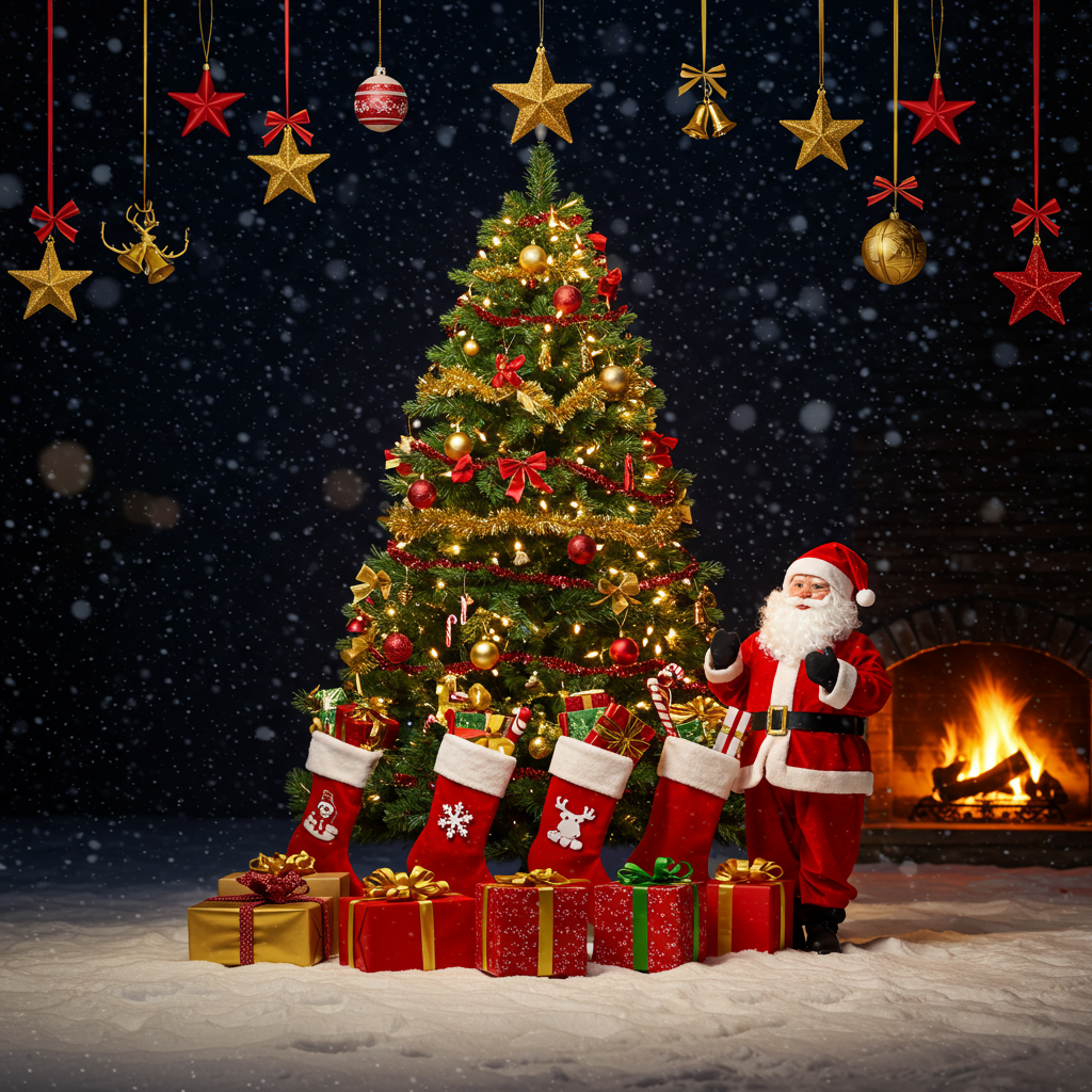 Christmas coloring page featuring Santa Claus and holiday decorations