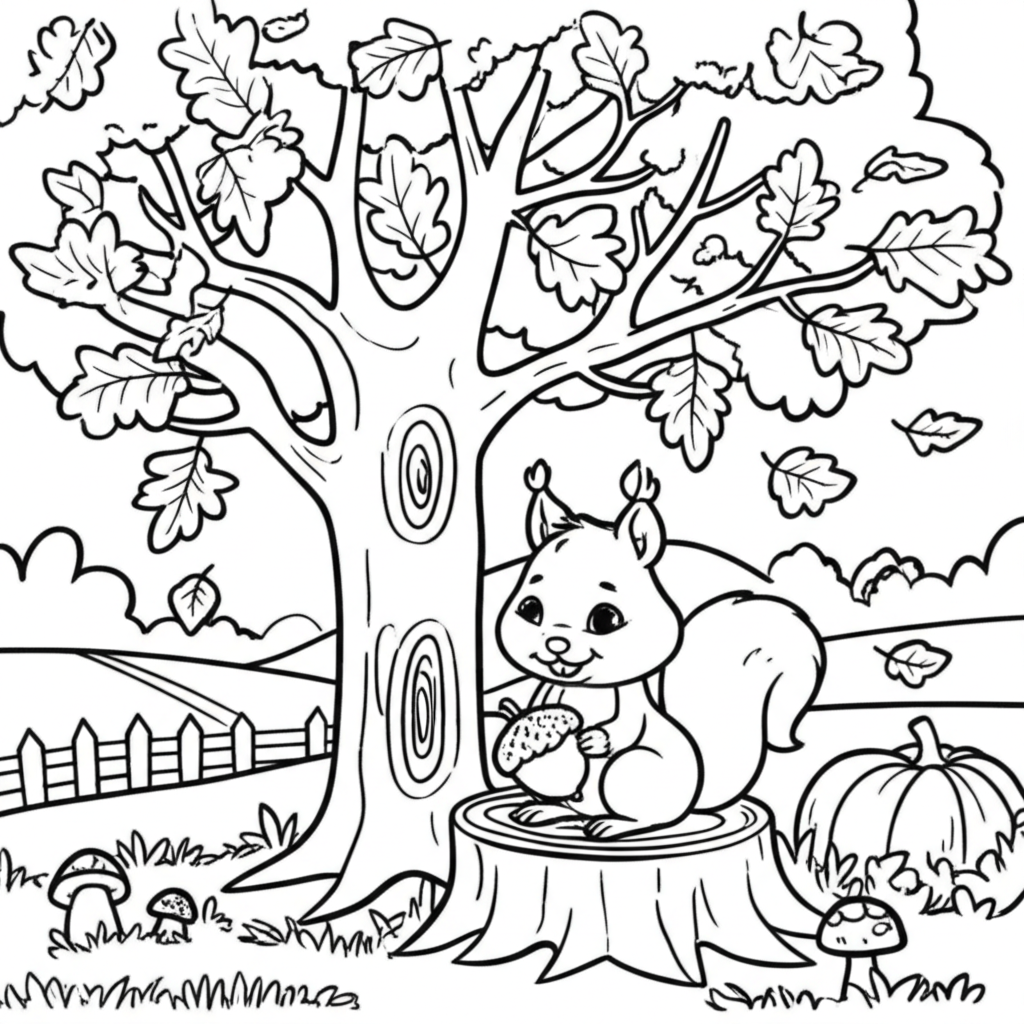Black and white coloring page of a cozy autumn scene with an oak tree, squirrel, pumpkins, and falling leaves