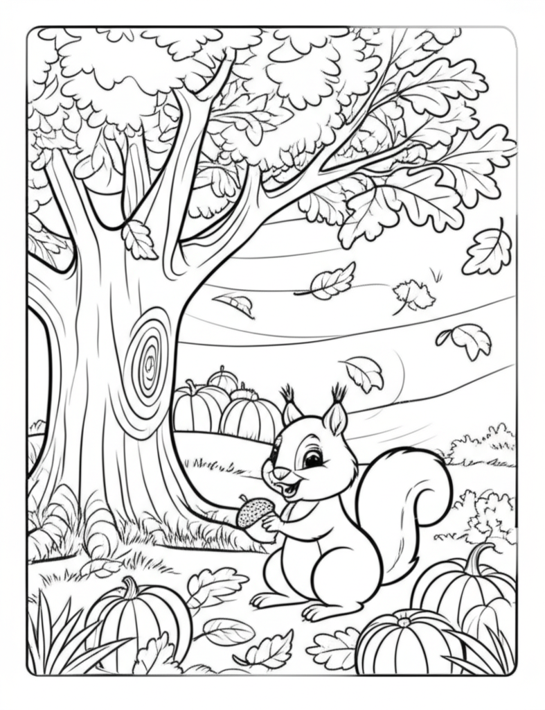 Black and white coloring page of a cozy autumn scene with a large oak tree, a cheerful squirrel gathering acorns, and a pumpkin patch with fallen leaves.