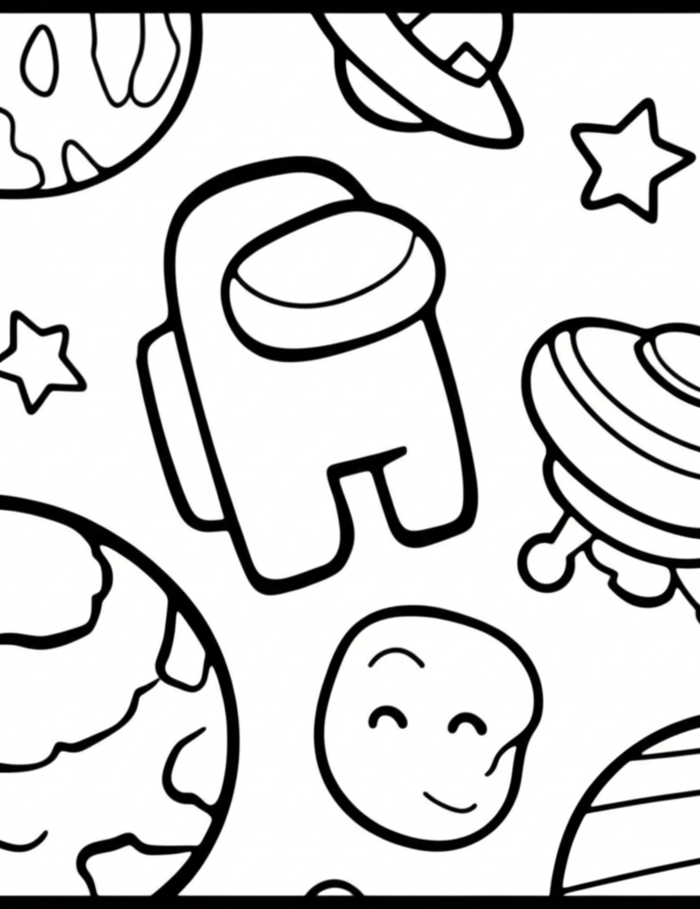 Simple cartoon-style Among Us crewmate characters in playful poses with stars, planets, and UFOs for kids to color