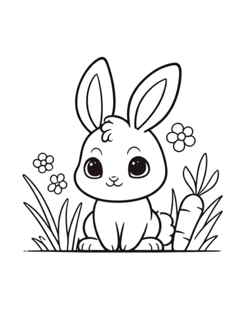 Black and white outline drawing of a cute bunny surrounded by carrots, flowers, and grass for coloring