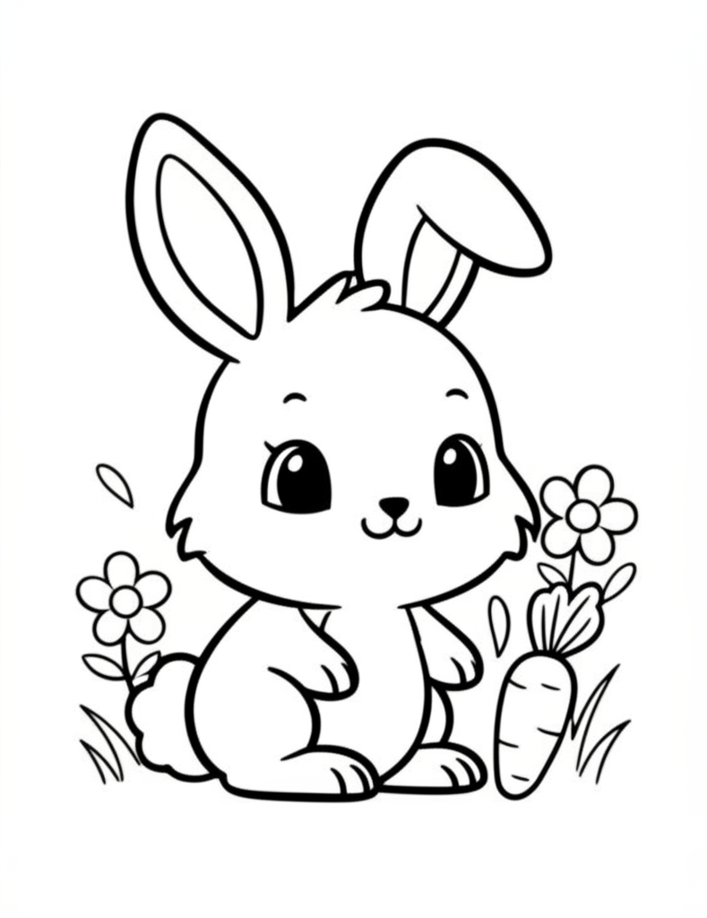 Black-and-white coloring page of a cute bunny surrounded by carrots, flowers, and grass