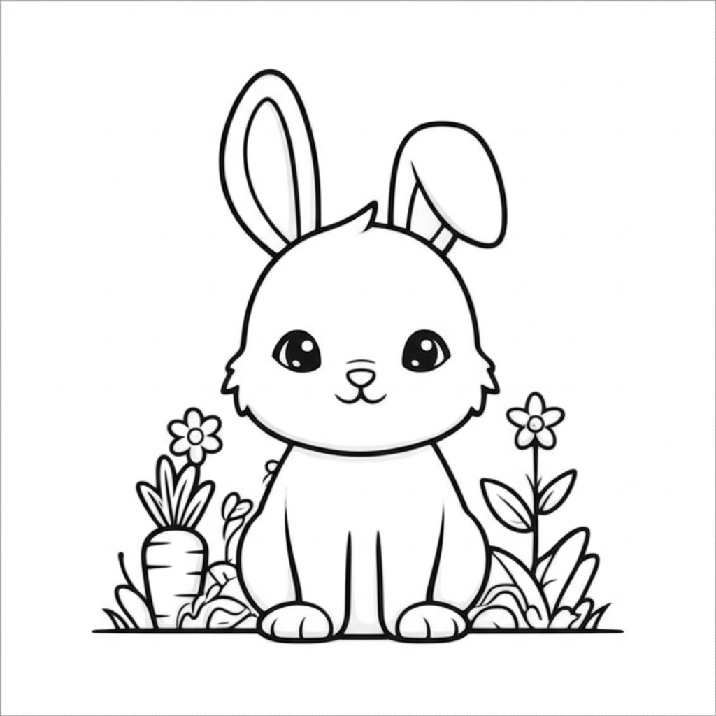 Simple outline drawing of a cute bunny surrounded by carrots, flowers, and grass for coloring
