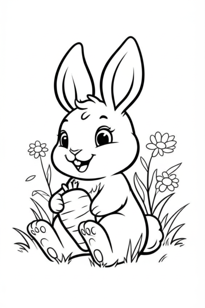Black and white cartoon illustration of a happy bunny sitting in tall grass, holding a carrot, with flowers around