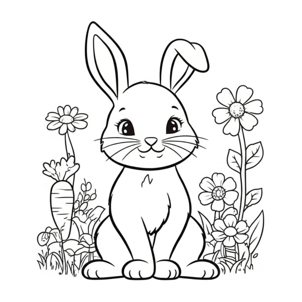 A cute bunny surrounded by carrots, flowers, and a sunny meadow in a simple outlined coloring page
