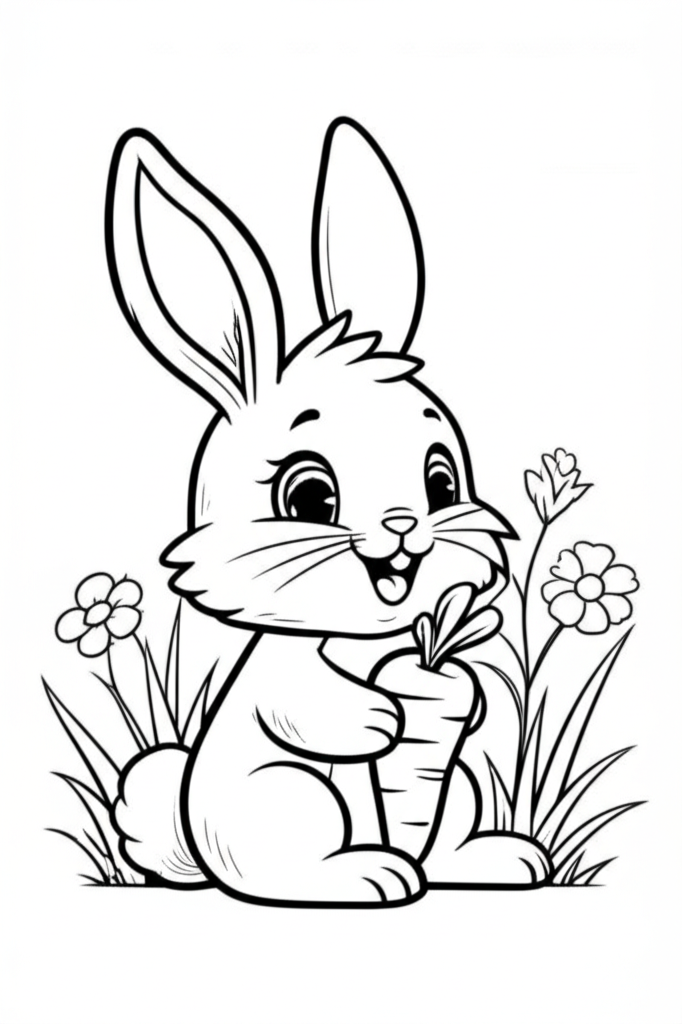 Black and white coloring page of a cheerful bunny holding a carrot in a meadow with grass and flowers