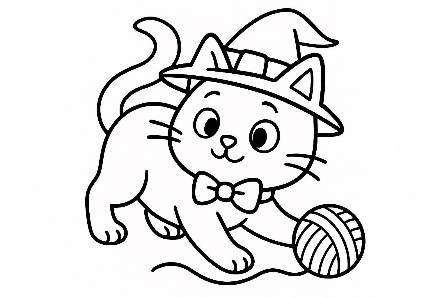 Black and white line art of a cute cartoon cat sitting with a bow tie and witch hat, stretching and playing with a yarn ball for kids to color