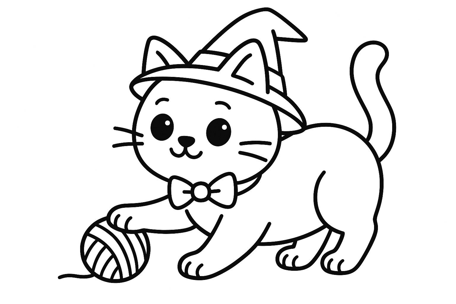 Black and white line art of a cute cartoon cat stretching, wearing a bow tie and witch hat, perfect for kids to color