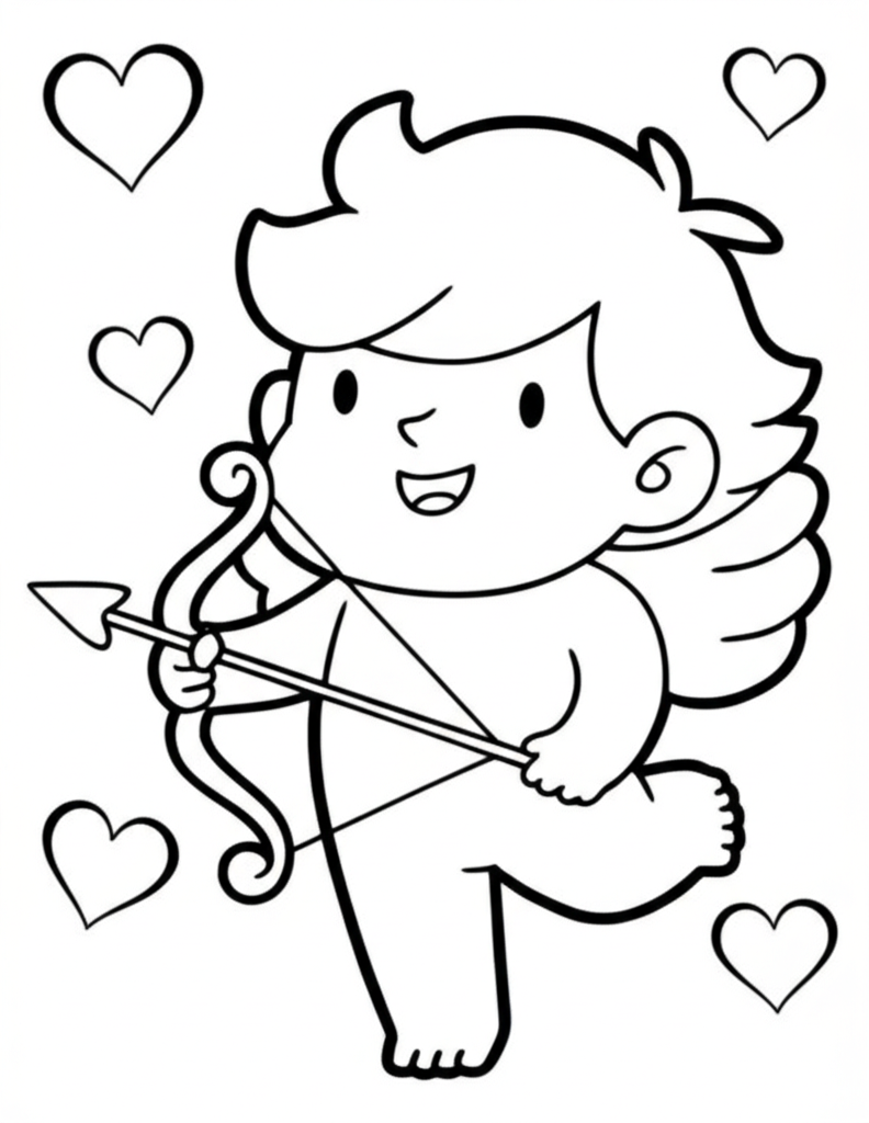 A simple and friendly cartoon-style line art of a smiling cupid with wings, holding a bow and arrow, surrounded by floating hearts and clouds for kids to color