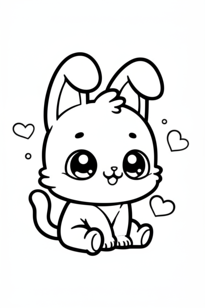 Black and white line art of a chibi-style kawaii bunny sitting happily surrounded by hearts and stars, perfect for kids to color